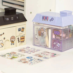 YICKYUE - Transparent Desktop Storage Box Creative Small House Pen Holder Student Kawaii Stationery Cosmetic Organizer Rack Drawer 3 Sold