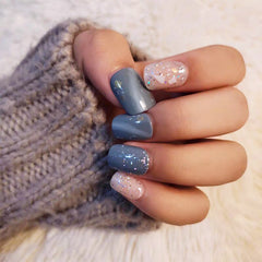 24pcs Gray blue marble pattern short size false nails with glue round head press on nails with designs cute false nails