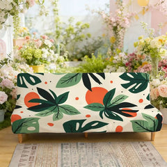 Flat print stretch sofa bed armless sofa cover green plant pattern on beige background