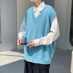 YICKYUE - Autumn Winter Fashion Solid Casual Men's Loose T-Shirt Cool Boy Girl Knitted Sweater Vest DK Preppy Style Soft Long Sleeve Unise