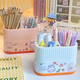 Kawaii Large Capacity Pen Holder With Sticker Plastic Creative Cute Desk Organizer For Pens Makeup Brush Home Office Storage Box