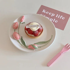 YICKYUE - 8'' Korea Tulip Plate Ceramic Cake Dish Snack Tray Jewelry Dish Decorative Plate Bowl Trays Decorative Nordic Shop Dishes