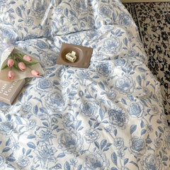 YICKYUE - spring comforter sets Blue Flowers Pattern Print Bedding Set