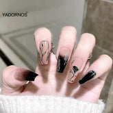 Press On Manicure Black Rose False Nails French Long Press On Nails Elegant Fingernail Stickers Removable Save Time Jelly Gel