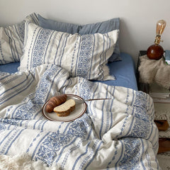 Yickyue 4Pieces Yarn Dyed Wasehed Cotton Boho Bedding set blue white Tribal Striped Geometric Print Duvet Cover with Zipper Ultra soft