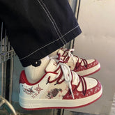 YICKYUE - Vintage Red Womens Volcanise Shoes Chic Versatile Graffiti Skateboard Shoes Round Toe Breathable Womens Casual Shoes