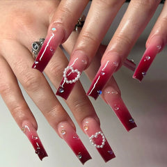 YICKYUE - Blue Gradient Sequin Rhinestone Long Ballet Fake Art Nail Pink Love Heart Valentine White False Nail Press on Nail Glue Manicure