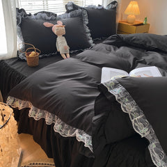Black White Pink Yellow Brown Gray Blue Brushed Princess 4pcs Bedding Set Lace Ruffles Bed Skirt Quilt/Duvet Cover Pillowcases