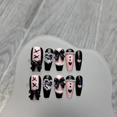 YICKYUE - 10pcs Handmade Y2k black Press On Nails Pink Heart Design Reusable Fake Nails Artificial Manicure Wearable False Nails For Girls