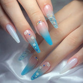 YICKYUE - Blue Gradient Sequin Rhinestone Long Ballet Fake Art Nail Pink Love Heart Valentine White False Nail Press on Nail Glue Manicure