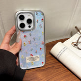 YICKYUE - Korean ins Full Screen Colorful Flowers Silver Edge Phone Case for iPhone 16 15 14 13 Pro Max Back Cover Fund