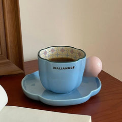 YICKYUE - Retro Underglaze Colored Ceramic Coffee Cups and Plates Latte Flower Cups Afternoon Tea Cups and Plates