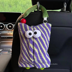 Yickyue Cute Eye Diagonal Stripes Paper Bag Hanging Polar Fleece Tissue Napkin Holder Tissue Bag Bedroom Kitchen Desktop Storage Napkins