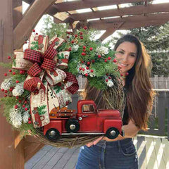 Yickyue Hanging Christmas Wreath 30cm Red Truck Pumpkin Artificial Plant Rattan Xmas Simulation Berries Festive 2023 New Year Decoration