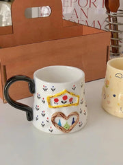 YICKYUE - Retro Ceramic Coffee Mug with 3D Carving and Printing Design, Household Drinking Utensil, Milk Cup Set with Handle, A Birthday P