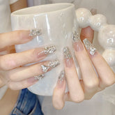 YICKYUE 24pcs French Rhinestone Heart Y2k False Nail Fake Long Art Detachable Artificial Nails Set Press on Full Cover Nails with Glue