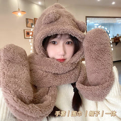 Female Hat Bib Gloves Winter Warmer Cute Cycling Warm Scarf Hat Winter Mask Scarf Integrated Face Display Cap