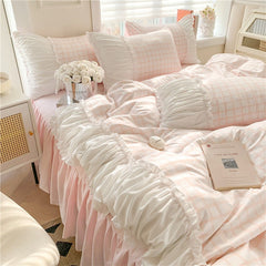 Yickyue Korean Style Princess Bedding Set Luxury Pink Lattice Duvet Cover Ruffles Lace Bedspread Bed Sheet Pillowcases