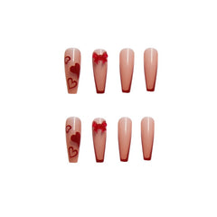 24pcs Jelly Burgundy Color Coffin Press On Nail tips With Bow Love Heart Print Full Cover Fake Nails Wearable Nail Art Tips