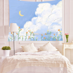 Blue Sky Background Fabric Ins Painted Oil Painting Room Bedside Bedroom Wall Decorations Cloth Wall Hanging Wall Tapestry