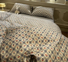 YICKYUE - Vintage flower cherry red blue plaid beding set,twin full queen king retro cotton home textile bed sheet pillow case quilt cover