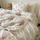 YICKYUE - 4Pcs Vintage French Pleated Wide Edge Floral Pastoral Style 100% Cotton Bedding Set Duver Cover Bed Skirt Bedspread Pillowcases