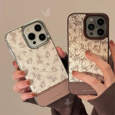 YICKYUE - Retro Art Full Screen Brown Flowers Splicing Leather Phone Cover Case for iPhone 16 15 14 13 12 11 Pro Max Plus