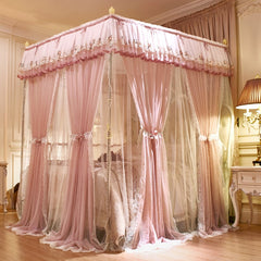 Pink Gray Green Double-deck Romantic White Lace Luxury Palac Style Three-door Quadrate Floor-standing Mosquito Net Bedding Set