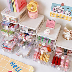Kawaii Desktop Drawer Storage Box With Sticker Cute Plastic Clear Organizer Boxes Student Desk Stationery Container Storage Rack