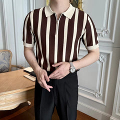 Hearujoy British Style Luxury Knit Polo Shirt Men Striped Short /Long Sleeve Half Zipper Top Business Casual High Quality Tee Streetwear