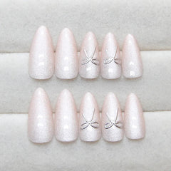 YICKYUE - 24pcs Sweet Pink Cat Eye Fake Nails Shiny Nude Pink Bow Decor False Nails Wearable Full Cover Korean Cute Almond Press on Nails