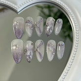YICKYUE - Handmade Press on Nails Purple Fake Nails with Butterfly Sparkling False Nails Sweet Acrylic Full Cover Almond Nails