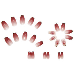24pcs Artificial False Nails Color Change Bow-Knot Design Ballet Coffin Fake Nails Wearable Decal Rhinestone Manicure Art Tips