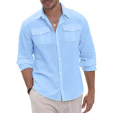 Hearujoy Cotton Linen Men Shirt Solid Color Double Pocket Long Sleeve Top Spring Summer Fashion Casual Beach Breathable Comfortable Shirt