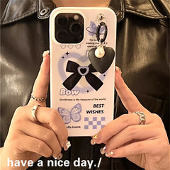 Korean Bow Black Love Heart Pendant Phone Case For iphone 13 11 12 Pro XS Max XR X 7 8 Plus Friend Gift White Glossy Soft Cover