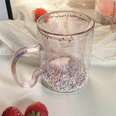 YICKYUE - Japanese-Korean Style Girl's Heart Bubble Star Empty Cup Handle Ins Sequins Double-layer Glass Simple Household Coffee Milk Cup