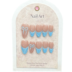 YICKYUE - 10Pcs Handmade Blue Fake Nails with Hand-painted Bow Designs Mid-length Almond Press on False Nails French Full Cover Nail Tips