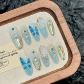 YICKYUE - Ice Blue Butterfly Decor False Nails Gold Magic Mirror Fashion Handmade Press on Nails Ins light Blue Sweet Fake Nail Tips