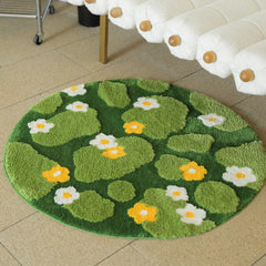 YICKYUE - Green Moss Daisy Round Rug Aesthetic Home Soft Carpet Kids Room Non-Slip Computer Chair Floor Mats Thick Tufted Rug Bedroom