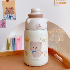 Cute Bear Large Thermos Bottle Insulated Stainless Steel Cup Thermal Tea Travel Hot Water Bottle With Straw 3D Sticker Strap