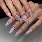 YICKYUE - 3D Pink Bow Fake Nails Y2k Sliver Bowkont Design Almond Press on Nails Ins Sweet Fashion False Nails for Girl Women