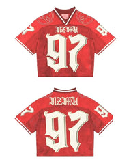 Hearujoy American Gothic Rock Letters Oversized T-Shirt Men's Y2K Street Hip-Hop Harajuku Loose V-Neck Baseball Uniform Women's Top
