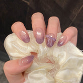 YICKYUE - 10Pcs Handmade Short Oval Press on Nails Gradient Purple French Cat Eye Bowknot Design Fake Nails Wearable Artificial Nail Art