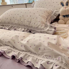 Yickyue 100%Cotton Purple Floral Bedding set 150X200cm/180X200cm Bedskirt Pillowcases Exquisite Ruffle Duvet cover 4Pcs set