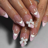 YICKYUE - Nude French bow love wearing nail patch fake nails for womengirlsstudentspregnant women detachable ins wind almond Pearl 24pcs