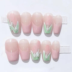 YICKYUE - Green Cat's Eye Tulip Wearable Nail Pieces Light Therapy Handmade False Nails Wearing Finished Nails Artistic Patch Decoration