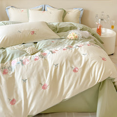 Yickyue - Vintage Floral Soft Brushed Cotton Embroidery Bedsheets Set