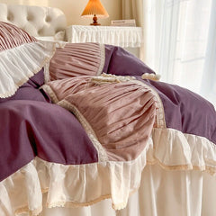 Yickyue Luxury Purple Patchwork Pleat Bedding Set Korean Style 100% Cotton Princess Lace Duvet Cover Bedsheet Bed Skirt Pillowcases