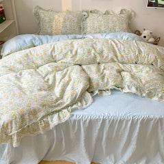 YICKYUE - Korean Floral Lace Ruffles Bedding Set Soft Skin Friendly 200X230cm Duvet Cover Set 1.5M/1.8M Bed Skirt Bedspread Pillowcases