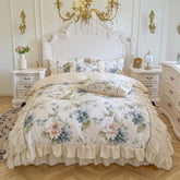 YICKYUE Korean Princess Style 100% Cotton Bedding Set French Flowers Print Lace Ruffles Duvet Cover Bed Skirt Bedspread Pillowcases 4Pcs